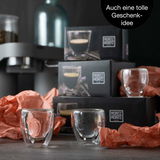 Doppelwandige Thermo-Espressogläser in eleganter Verpackung, ideal als Geschenkidee, seitliche Perspektive.