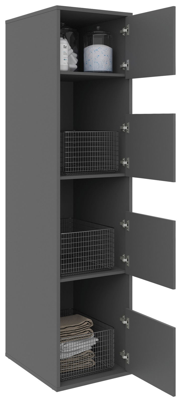 Grauer Wäscheschrank mit vier offenen Türen, gefüllt mit Drahtkörben und Haushaltsartikeln, seitliche Perspektive