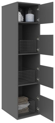 Grauer Wäscheschrank mit vier offenen Türen, gefüllt mit Drahtkörben und Haushaltsartikeln, seitliche Perspektive