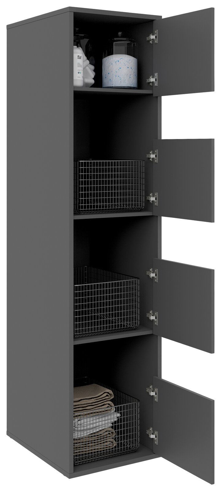 Grauer Wäscheschrank mit vier offenen Türen, gefüllt mit Drahtkörben und Haushaltsartikeln, seitliche Perspektive