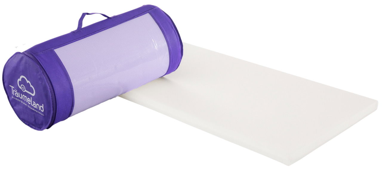 Träumeland Reisebettmatratze GOOD Reisebettmatratze mit lila Tragetasche, seitliche Perspektive