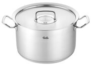 Kochtopf aus Edelstahl mit Metalldeckel, seitliche Perspektive