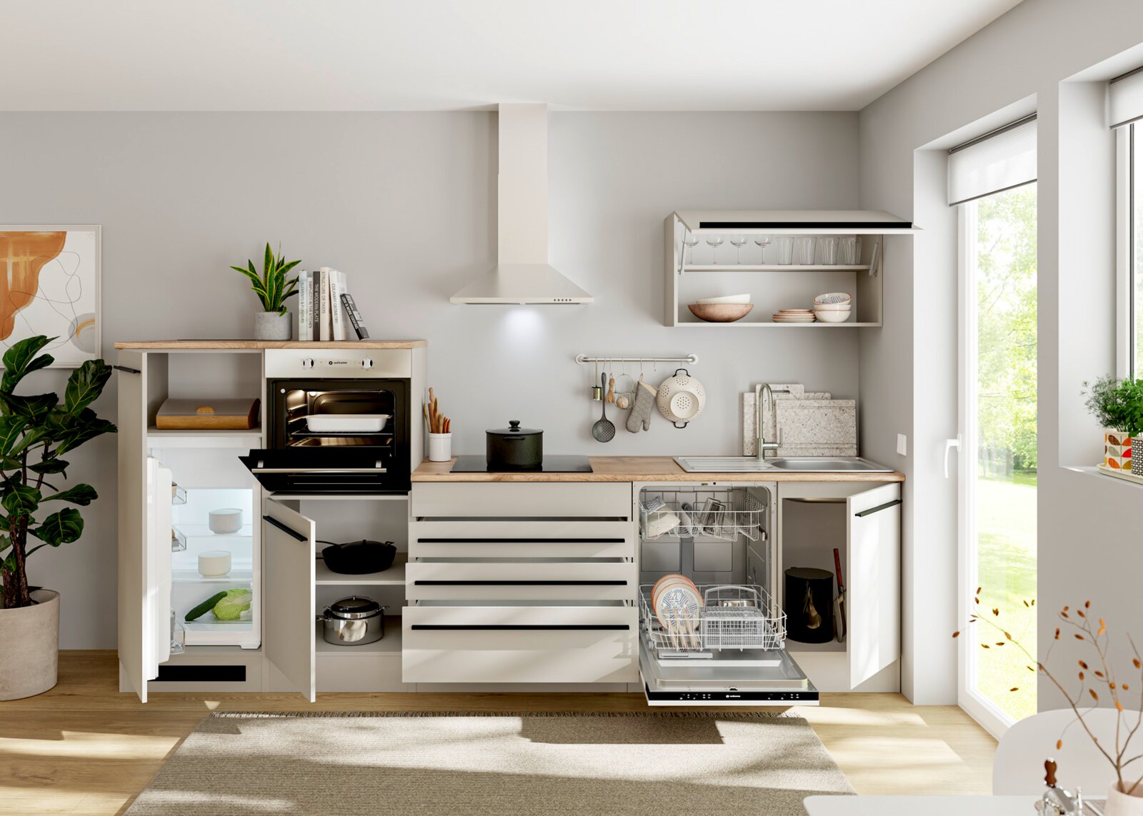 Moderne kompakte Küchenzeile in Beige mit Holzarbeitsplatte, geöffnetem Backofen, Kühlschrank und Geschirrspüler sowie Dunstabzugshaube und Spüle, frontal aus Augenhöhe dargestellt