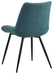 Rückansicht eines modernen Stuhls mit türkisfarbenem Stoffbezug und schwarzen Metallbeinen.