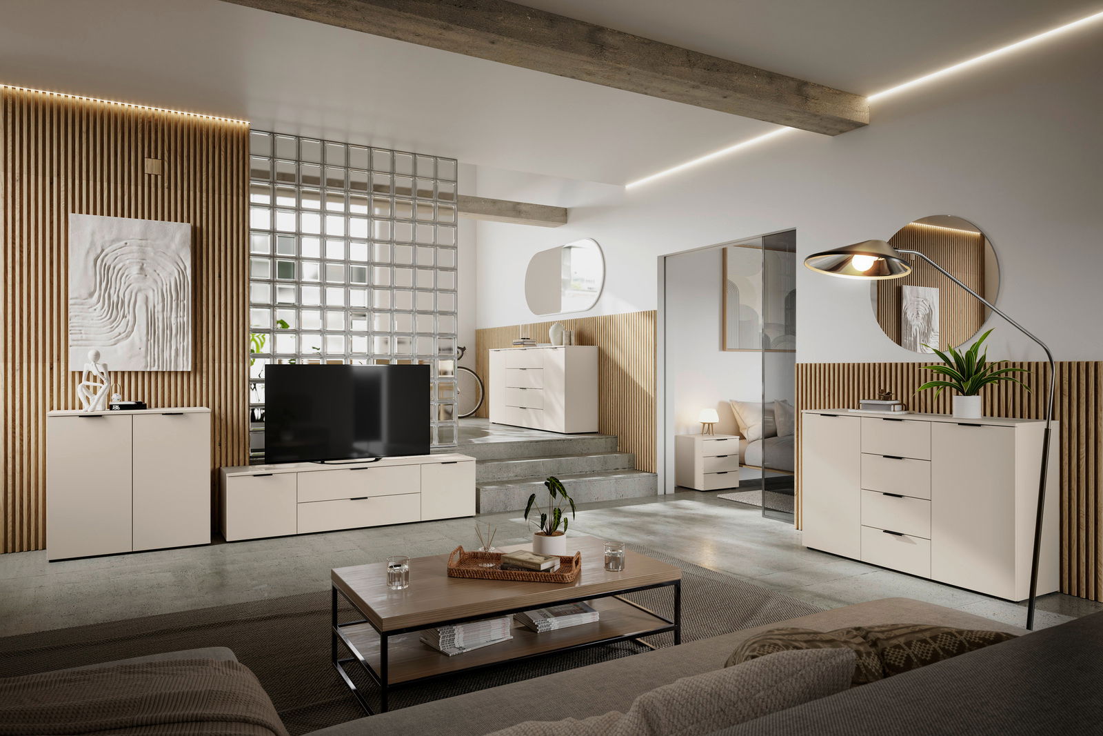 Modernes XL-Sideboard in einem stilvollen Wohnzimmer, seitliche Perspektive