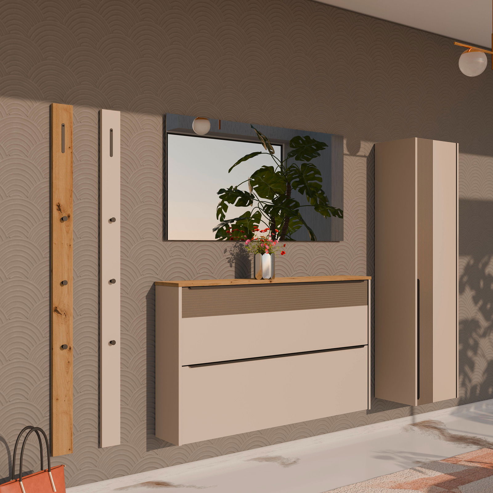 Dieter Knoll Garderobenpaneel FIORE Moderne Flurgarderobe mit Hängeschuhschrank, Hängegarderobenschrank, Garderobenpaneel und Spiegel in seitlicher Perspektive