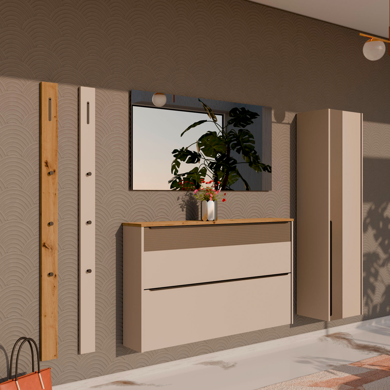 Moderne Flurgarderobe mit Hängeschuhschrank, Hängegarderobenschrank, Garderobenpaneel und Spiegel in seitlicher Perspektive