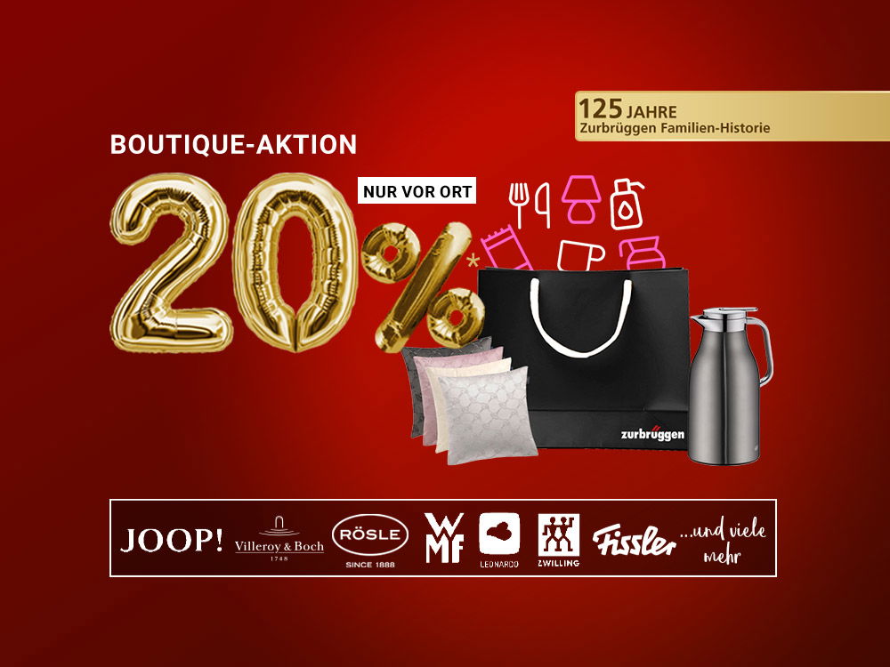 Schwarze Einkaufstasche, gefüllt mit verschiedenen Produkten, dem Werbetext „20 % Rabatt“ und verschiedenen Markenlogos.