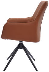 Seitenansicht eines braunen Armlehnstuhls mit schwarzem Metallgestell.