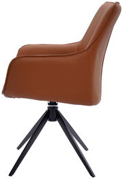 Seitenansicht eines braunen Armlehnstuhls mit schwarzem Metallgestell.