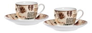 Zwei Espressotassen mit Untertassen, dekoriert mit einem modernen, grafischen Design in warmen Brauntönen, seitliche Perspektive.