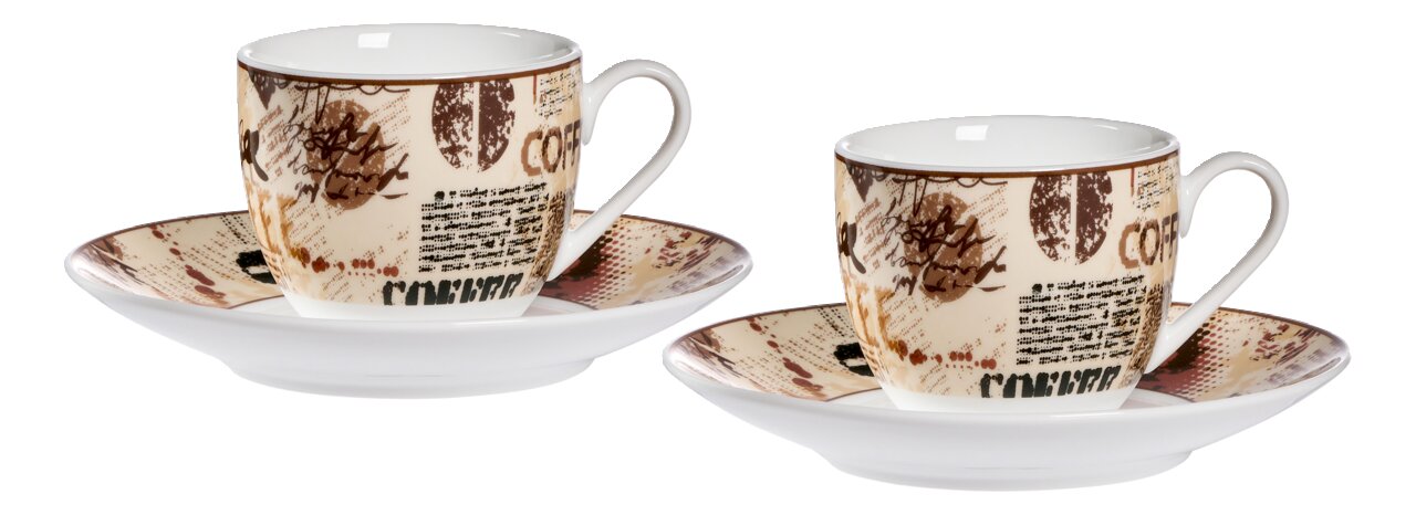 Zwei Espressotassen mit Untertassen, dekoriert mit einem modernen, grafischen Design in warmen Brauntönen, seitliche Perspektive.