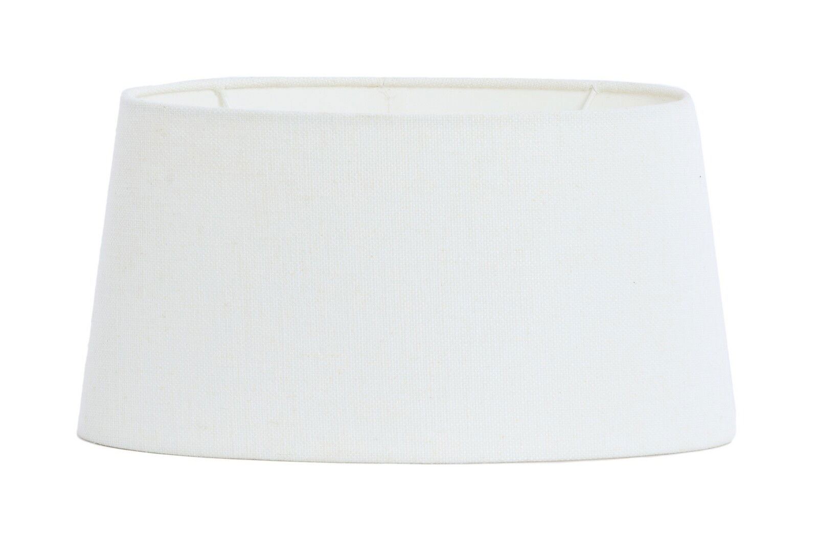 Weißer, elliptischer Lampenschirm aus Stoff, frontal fotografiert.