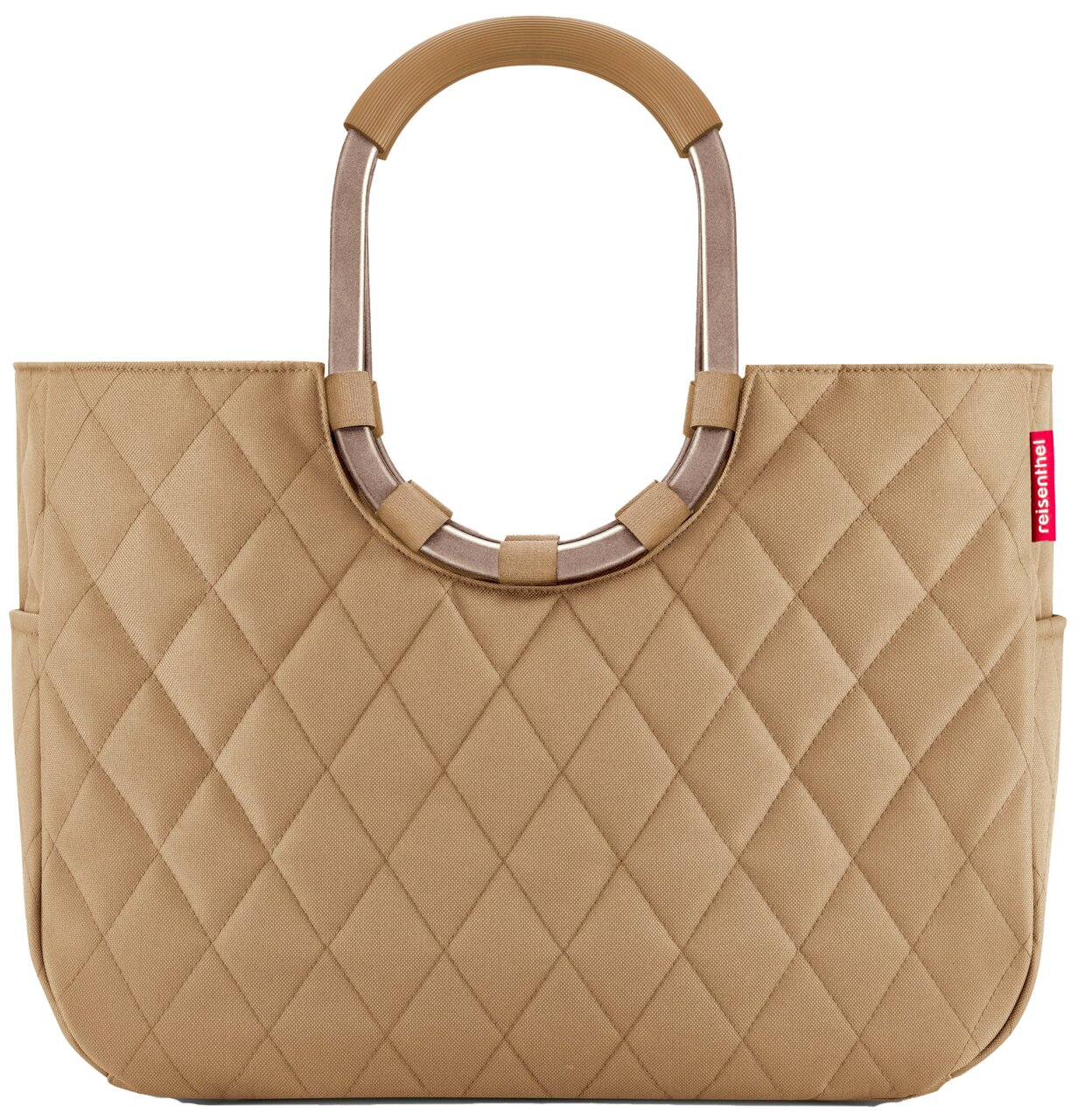 Beige Tasche mit gestepptem Muster und runden Griffen, Vorderansicht
