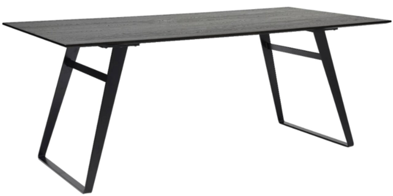 Moderner Esstisch mit schwarzer Tischplatte und schrägen Metallbeinen, seitliche Perspektive