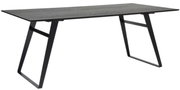 Moderne eettafel met zwart tafelblad en schuine metalen poten, zijaanzicht
