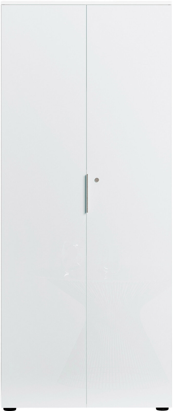 Hochformatige Ansicht eines weißen, hohen Aktenschranks mit zwei Türen und einem schlichten Griff.