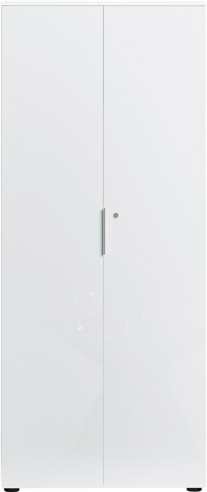 Hochformatige Ansicht eines weißen, hohen Aktenschranks mit zwei Türen und einem schlichten Griff.