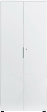 Hochformatige Ansicht eines weißen, hohen Aktenschranks mit zwei Türen und einem schlichten Griff.