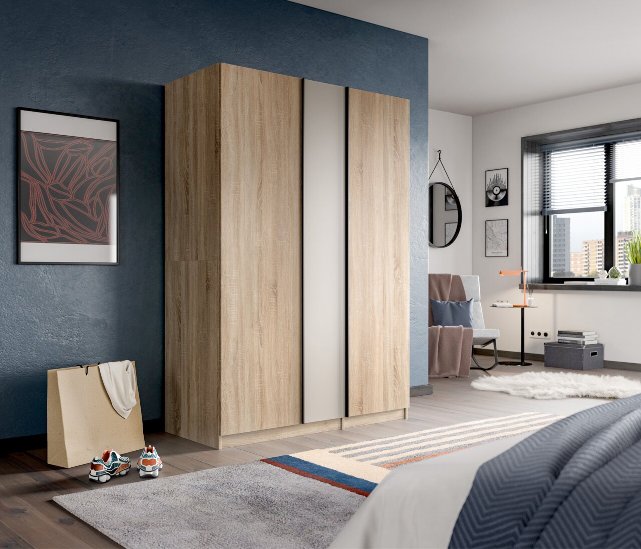 Moderner Kleiderschrank in heller Holzoptik mit mittlerer Spiegeltür im Schlafzimmer, frontale Ansicht leicht von links.