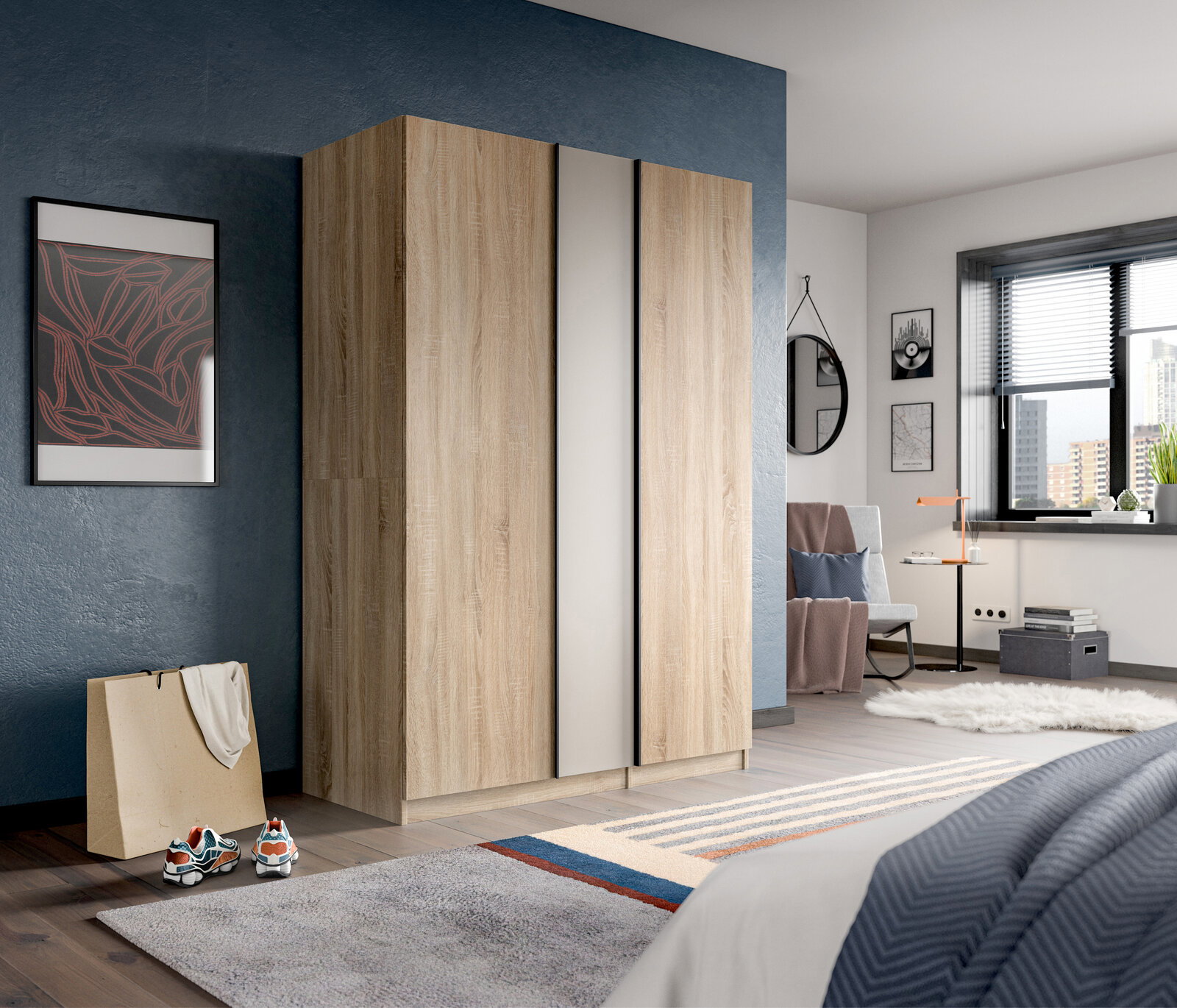 Moderner Kleiderschrank in heller Holzoptik mit mittlerer Spiegeltür im Schlafzimmer, frontale Ansicht leicht von links.