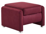 Moderner roter Hocker mit Metallfüßen, seitliche Perspektive