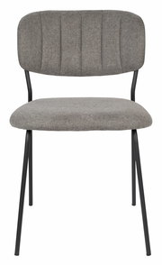 Grauer Stuhl mit gepolsterter Sitzfläche und Rückenlehne, schwarzes Metallgestell, Frontalansicht