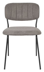 Grauer Stuhl mit gepolsterter Sitzfläche und Rückenlehne, schwarzes Metallgestell, Frontalansicht
