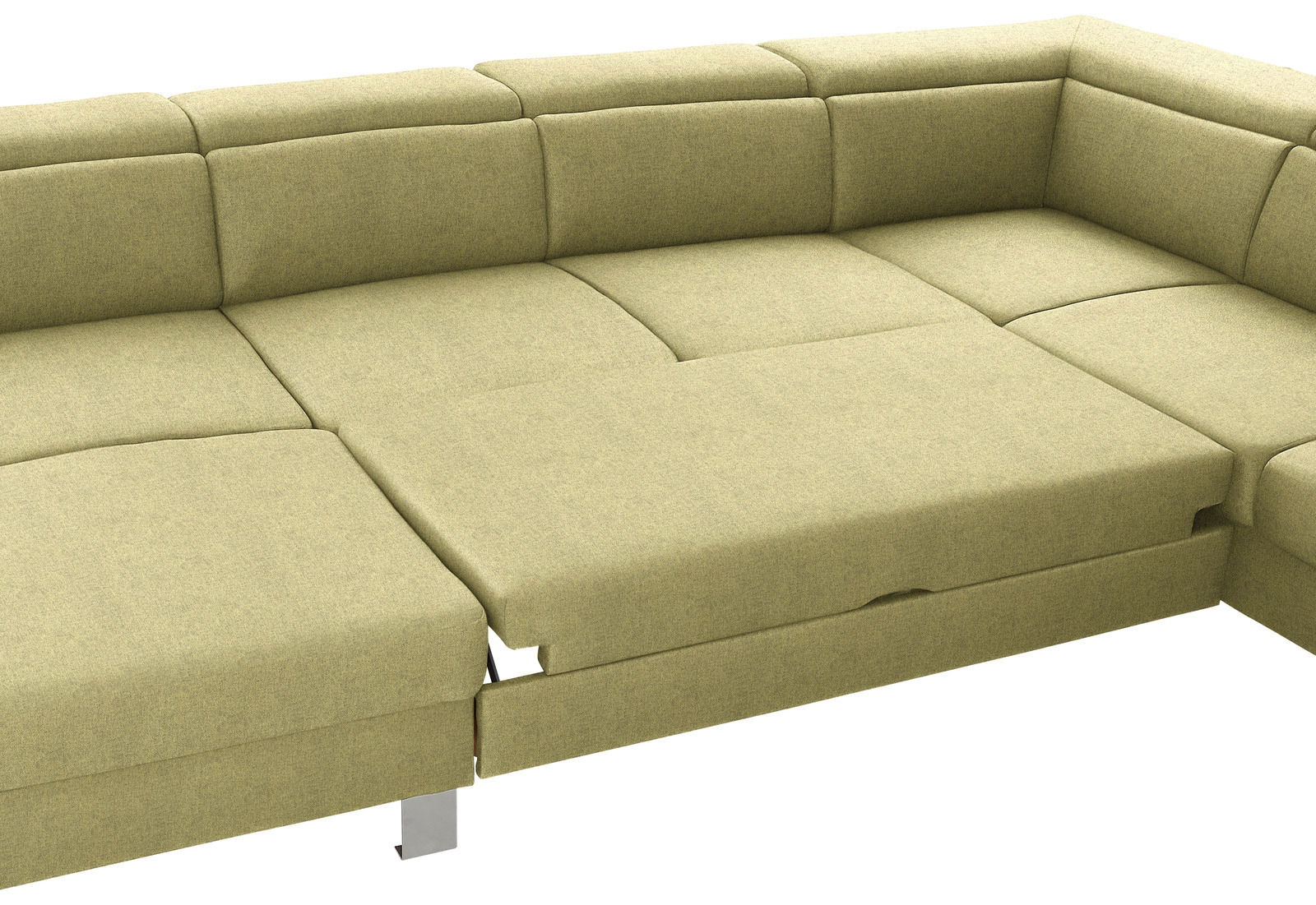 Grüne Ecksofa mit ausziehbarer Liegefläche, Perspektive von oben.
