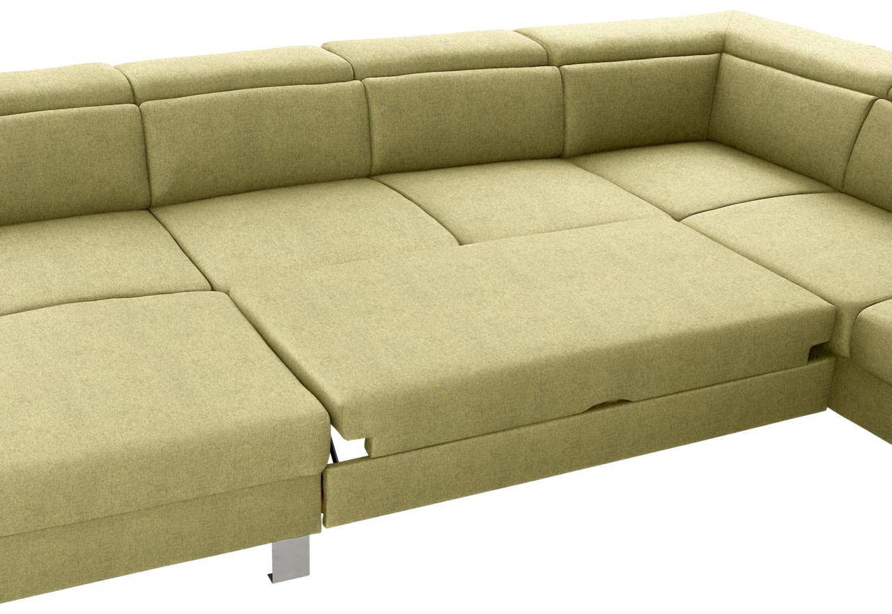 Grüne Ecksofa mit ausziehbarer Liegefläche, Perspektive von oben.