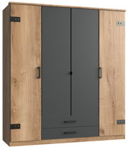 Moderner viertüriger Drehtürenschrank in Holzoptik mit zwei Schubladen, frontal abgebildet.