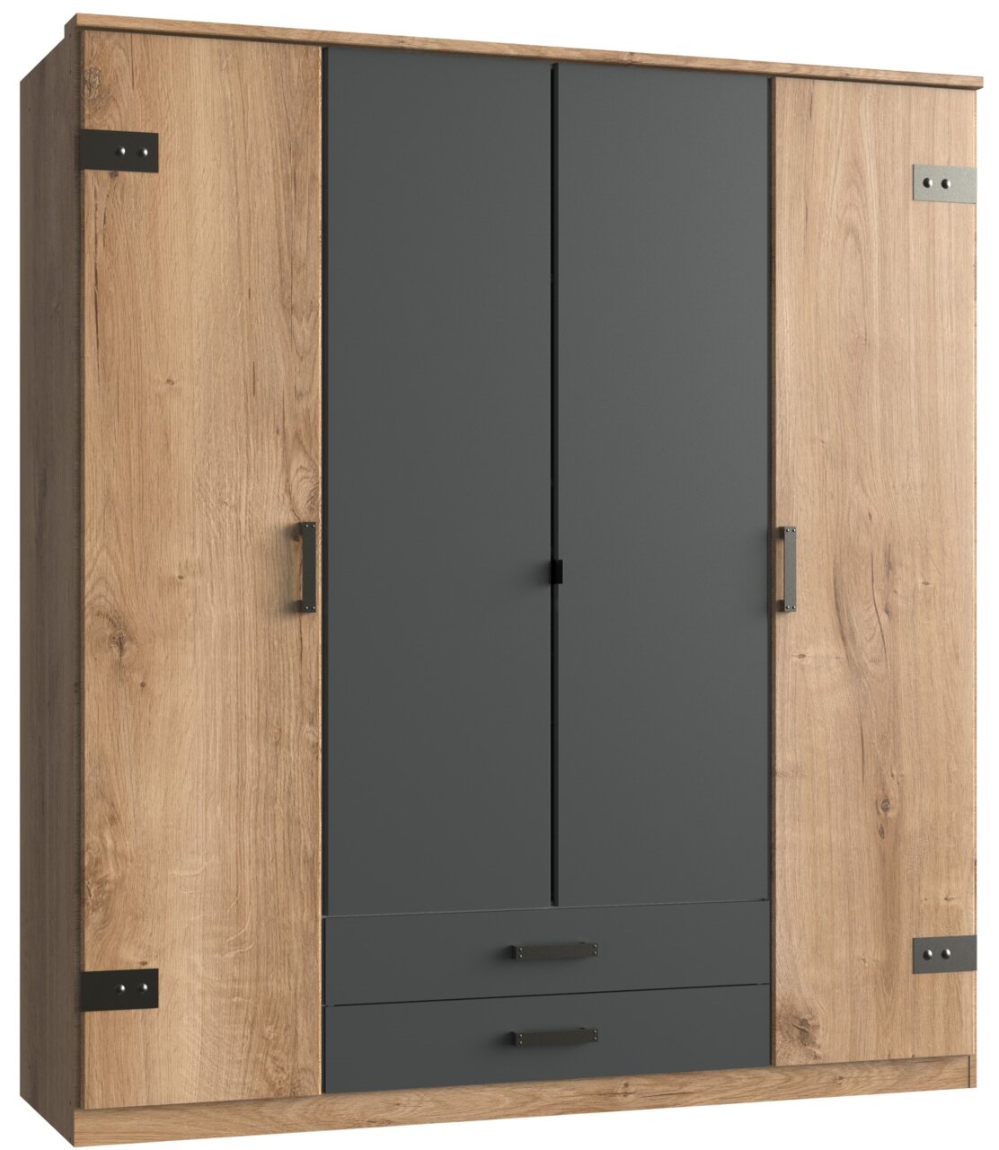 Moderner viertüriger Drehtürenschrank in Holzoptik mit zwei Schubladen, frontal abgebildet.