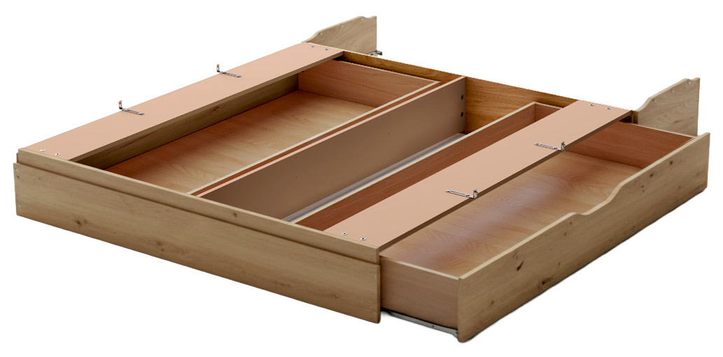 Venda Großraum-Bettschubkasten NEW YORK Großraum-Bettschubkasten aus Holz in geöffneter Perspektive, zeigt mehrere Fächer zur Aufbewahrung.