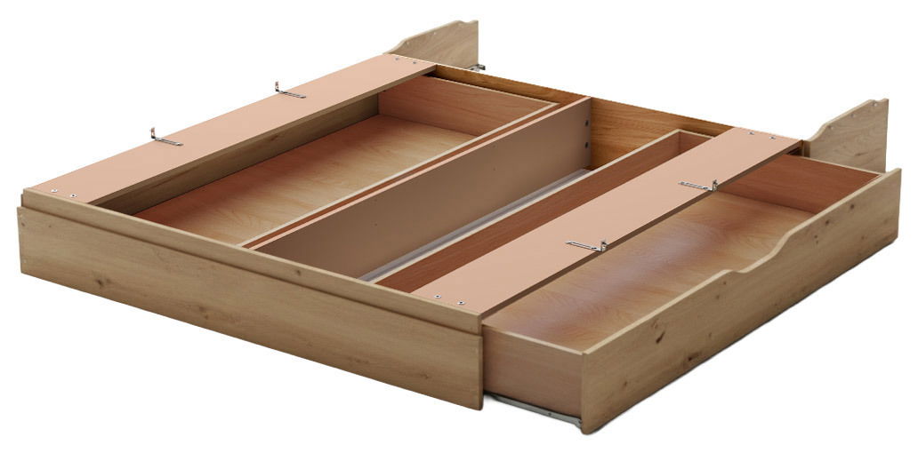Großraum-Bettschubkasten aus Holz in geöffneter Perspektive, zeigt mehrere Fächer zur Aufbewahrung.