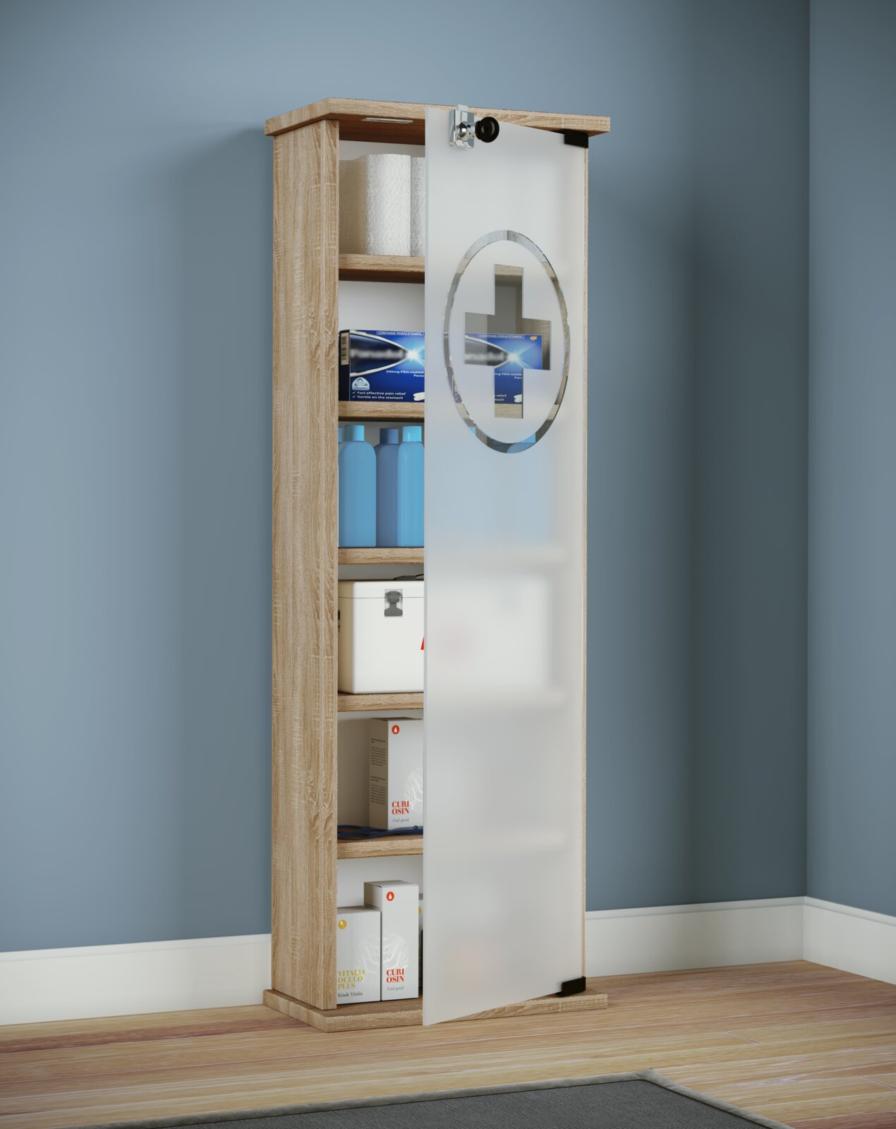 Schmaler Badezimmerschrank in Eiche-Optik mit halb geöffneter, weißer Tür mit rundem Spiegel und Kreuzmotiv, Innenfächer mit Handtüchern und Pflegeprodukten sichtbar, Perspektive: frontale Ansicht leicht von links