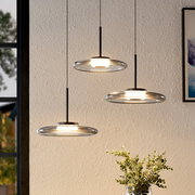 Moderne LED-Hängeleuchte mit drei runden, schwebenden Leuchtelementen in Seitenansicht, ideal für stilvolle Innenräume.
