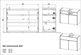 Technische Zeichnung eines Waschbeckenunterschranks mit den Maßen 80 cm Breite, 60 cm Höhe und 34 cm Tiefe. Frontansicht und perspektivische Ansicht des Schranks mit zwei Türen und Aussparung für das Waschbecken.