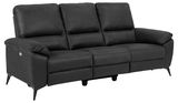 Schwarzes 3-Sitzer-Sofa in Frontalansicht mit gepolsterten Armlehnen und Metallfüßen.