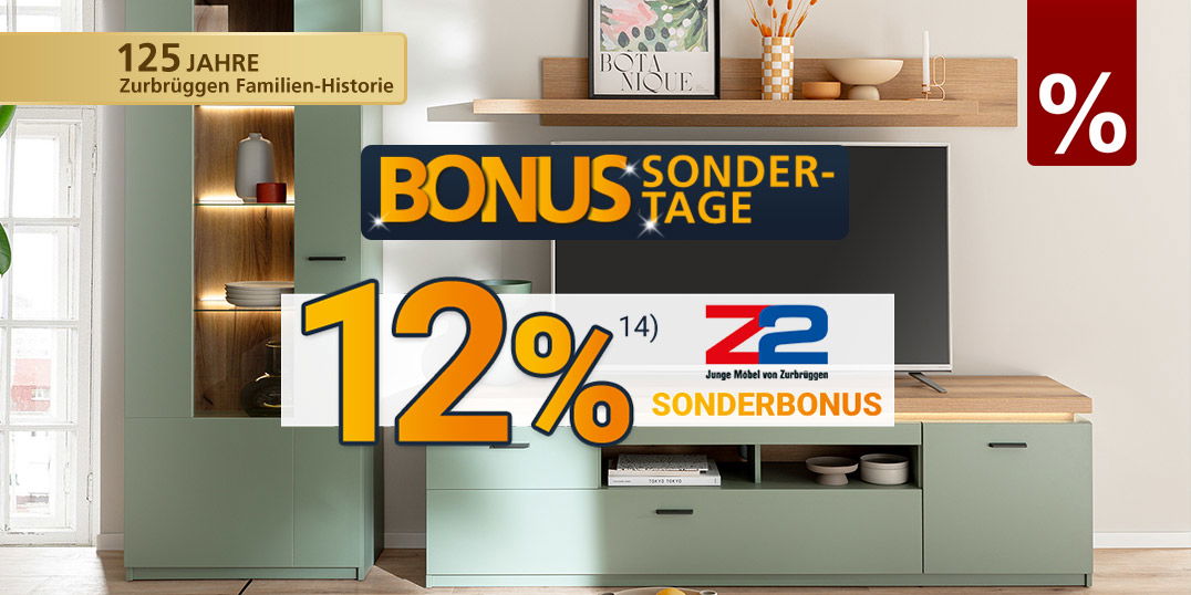 Z2 Wohnwand in Grün-Holz-Optik mit 12 % Sonderbonus – Bonus-Sondertage bei Zurbrüggen zum 125-jährigen Jubiläum