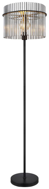 Moderne Stehleuchte GORLEY mit zylindrischem Schirm aus Metallstäben, frontal abgebildet.