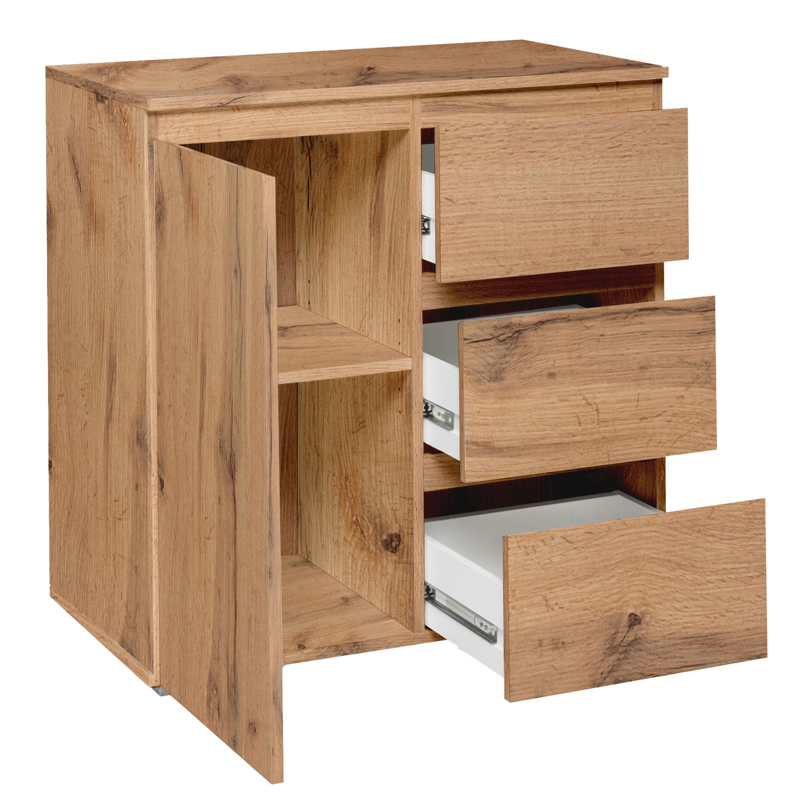 Kommode aus Holz mit geöffneter Tür und drei Schubladen, Perspektive von vorne links