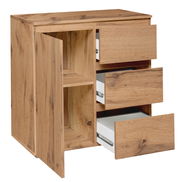 Kommode aus Holz mit geöffneter Tür und drei Schubladen, Perspektive von vorne links