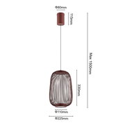 Moderne Pendelleuchte mit zylindrischem Baldachin und ovalem, drahtförmigem Metall-Lampenschirm in Kupfer/Rosé, mit Maßangaben (Schirm ca. 330 mm hoch, Ø ca. 225 mm; Baldachin Ø ca. 80 mm, 115 mm hoch; Kabellänge max. 1500 mm), frontale Ansicht