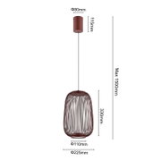 Moderne Pendelleuchte mit zylindrischem Baldachin und ovalem, drahtförmigem Metall-Lampenschirm in Kupfer/Rosé, mit Maßangaben (Schirm ca. 330 mm hoch, Ø ca. 225 mm; Baldachin Ø ca. 80 mm, 115 mm hoch; Kabellänge max. 1500 mm), frontale Ansicht