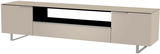 Beiges XL TV-Lowboard mit zwei Türen und einem offenen Fach, seitliche Perspektive