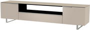 Beiges XL TV-Lowboard mit zwei Türen und einem offenen Fach, seitliche Perspektive