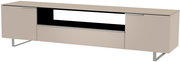 Beiges XL TV-Lowboard mit zwei Türen und einem offenen Fach, seitliche Perspektive