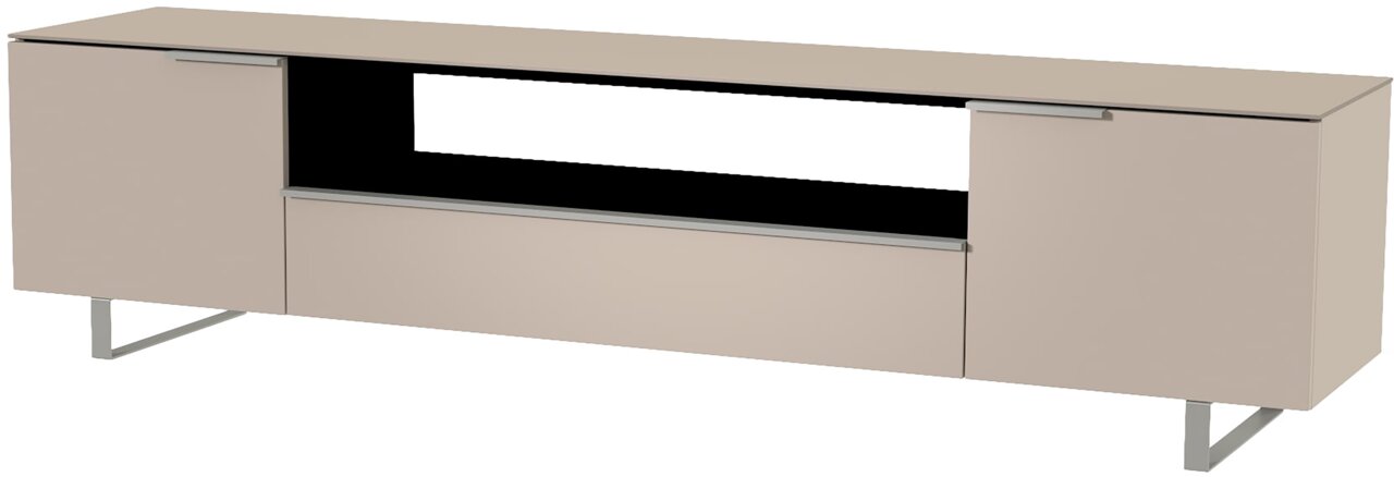 Beiges XL TV-Lowboard mit zwei Türen und einem offenen Fach, seitliche Perspektive