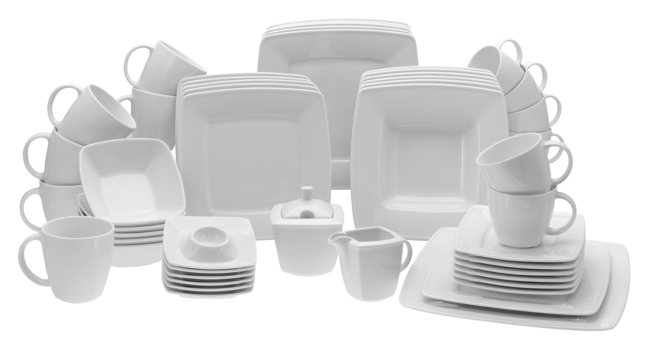 Creatable Kombiservice 50-tlg VICTORIA Weißes 50-teiliges Kombiservice-Set mit Tassen, Tellern und Schalen, frontal präsentiert.