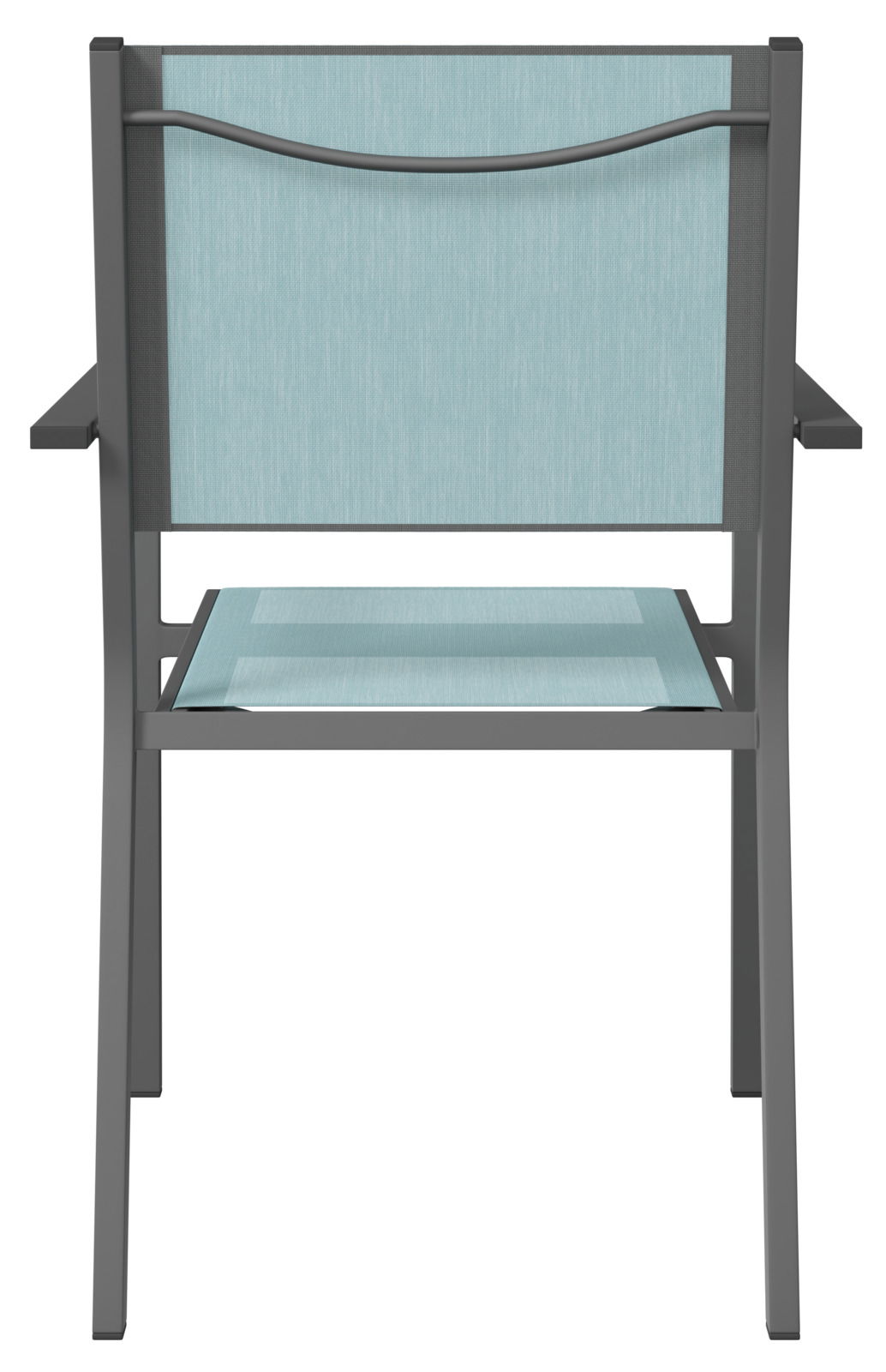 Rückansicht eines Stapelsessels mit hellblauer Bespannung und grauem Metallrahmen.